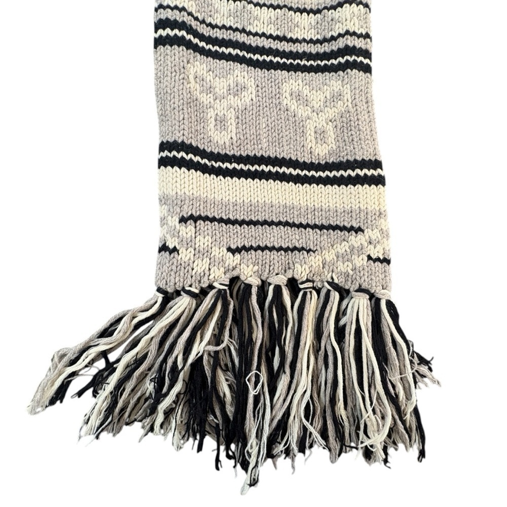 TNA Sea to Sky Scarf Chunky Knit Lambswool Gray Black Ivory Fringe RARE - Picture 2 of 7
